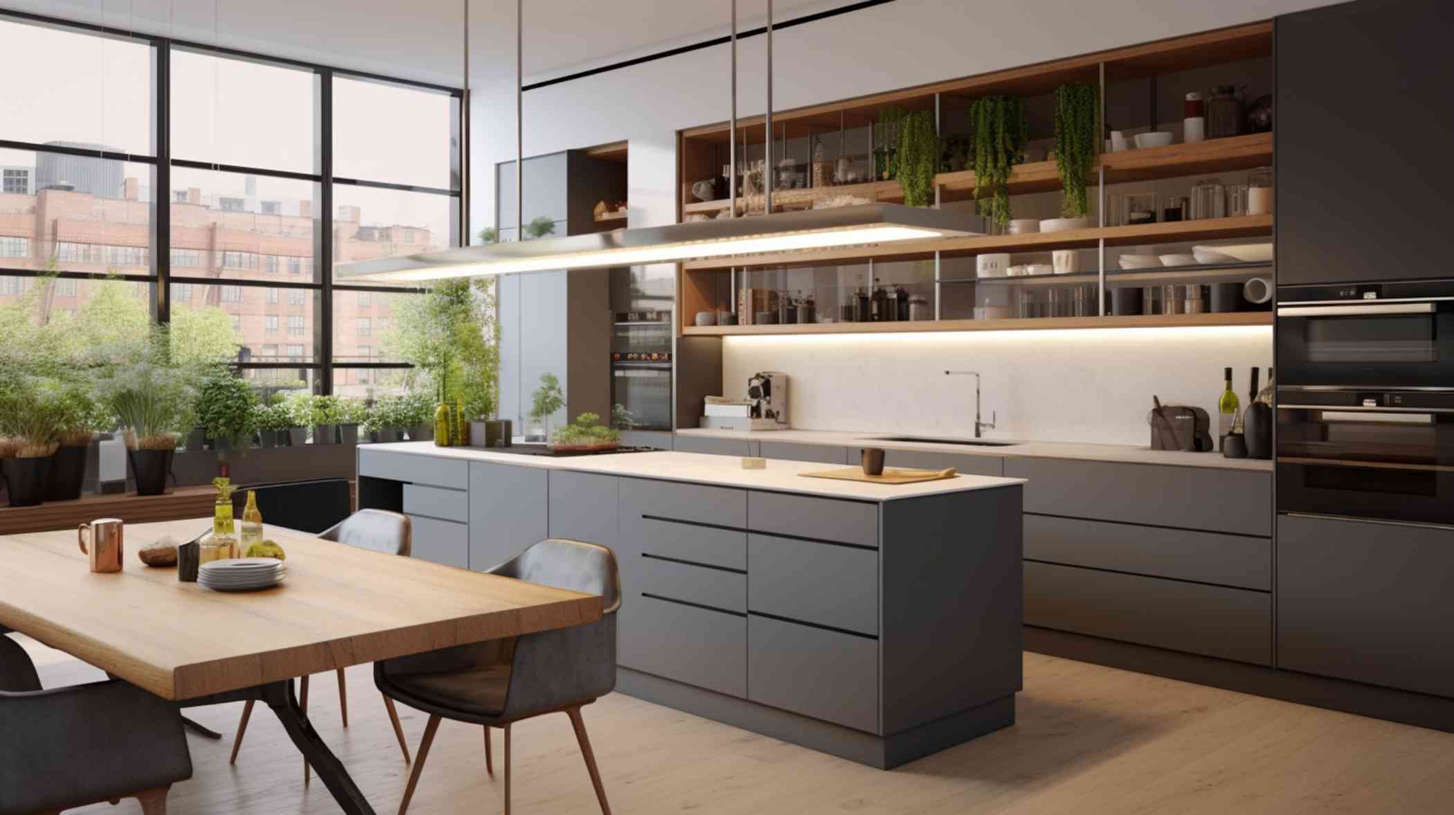 Modern kitchen with gray flat-panel cabinets, long island, open wood shelving and a wood dining table