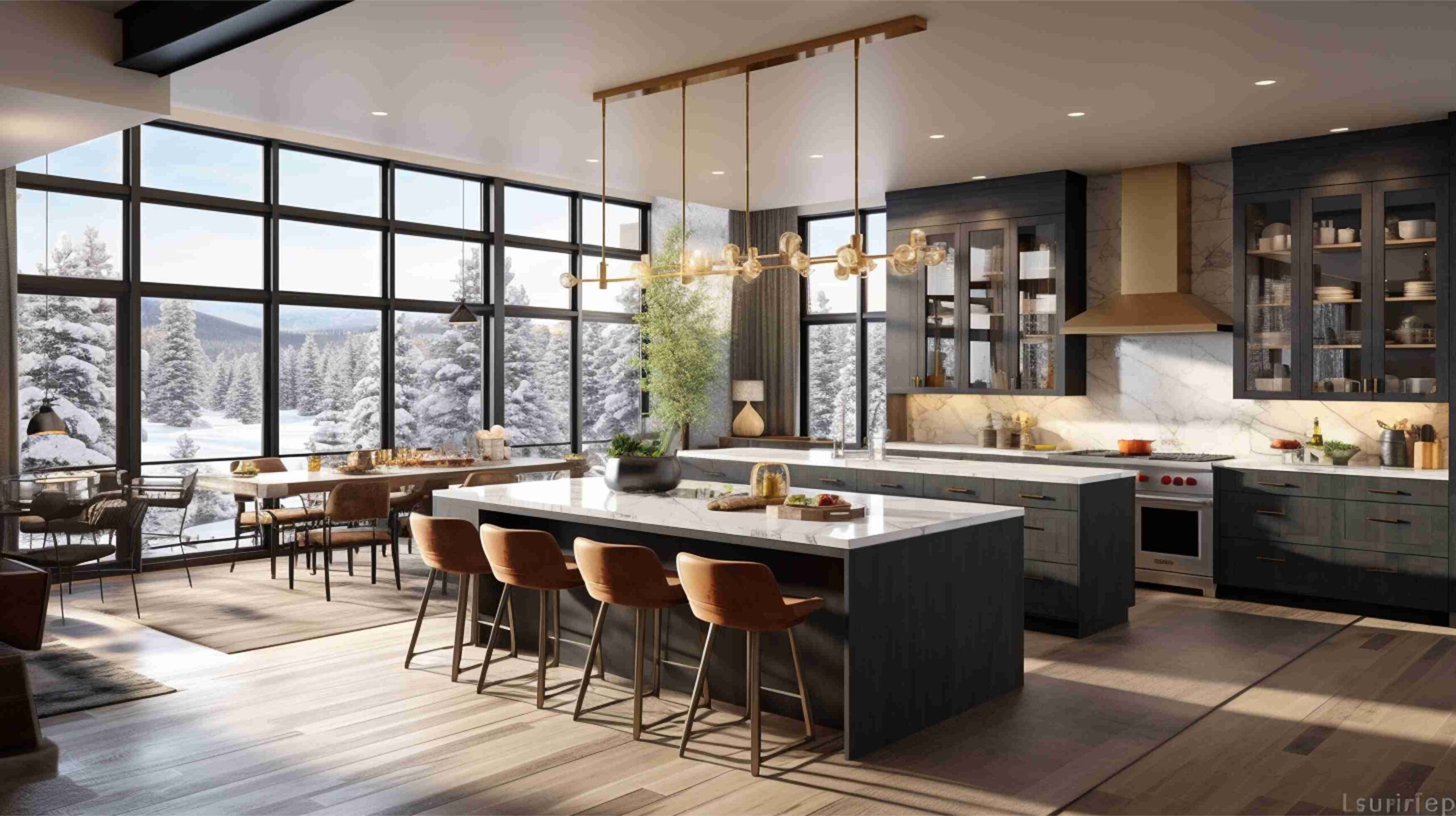 Open-plan kitchen with dark cabinets, marble island, brass chandelier and tall snow-view windows