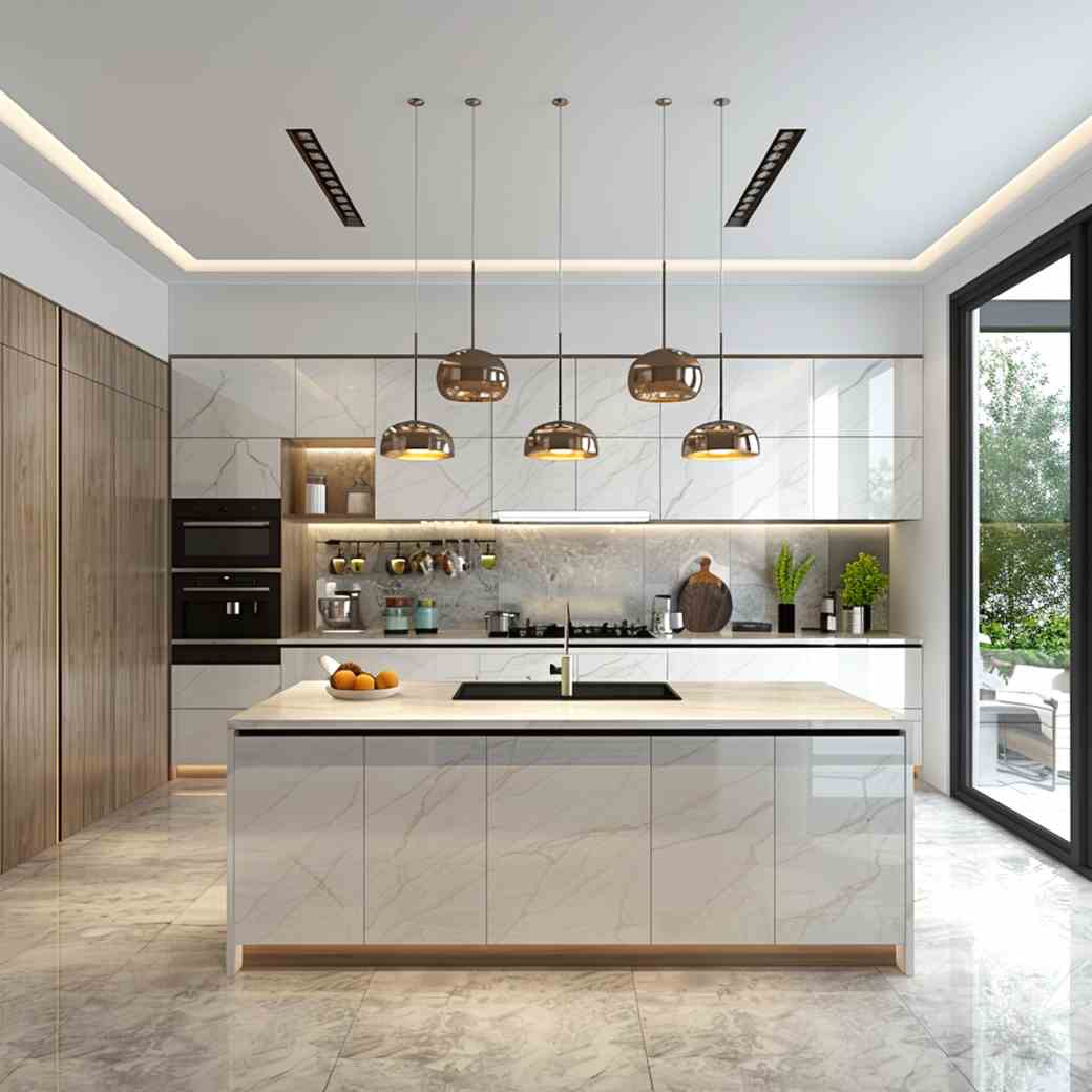 Modern kitchen with glossy white cabinets, marble-look island, copper pendant lights and wall ovens