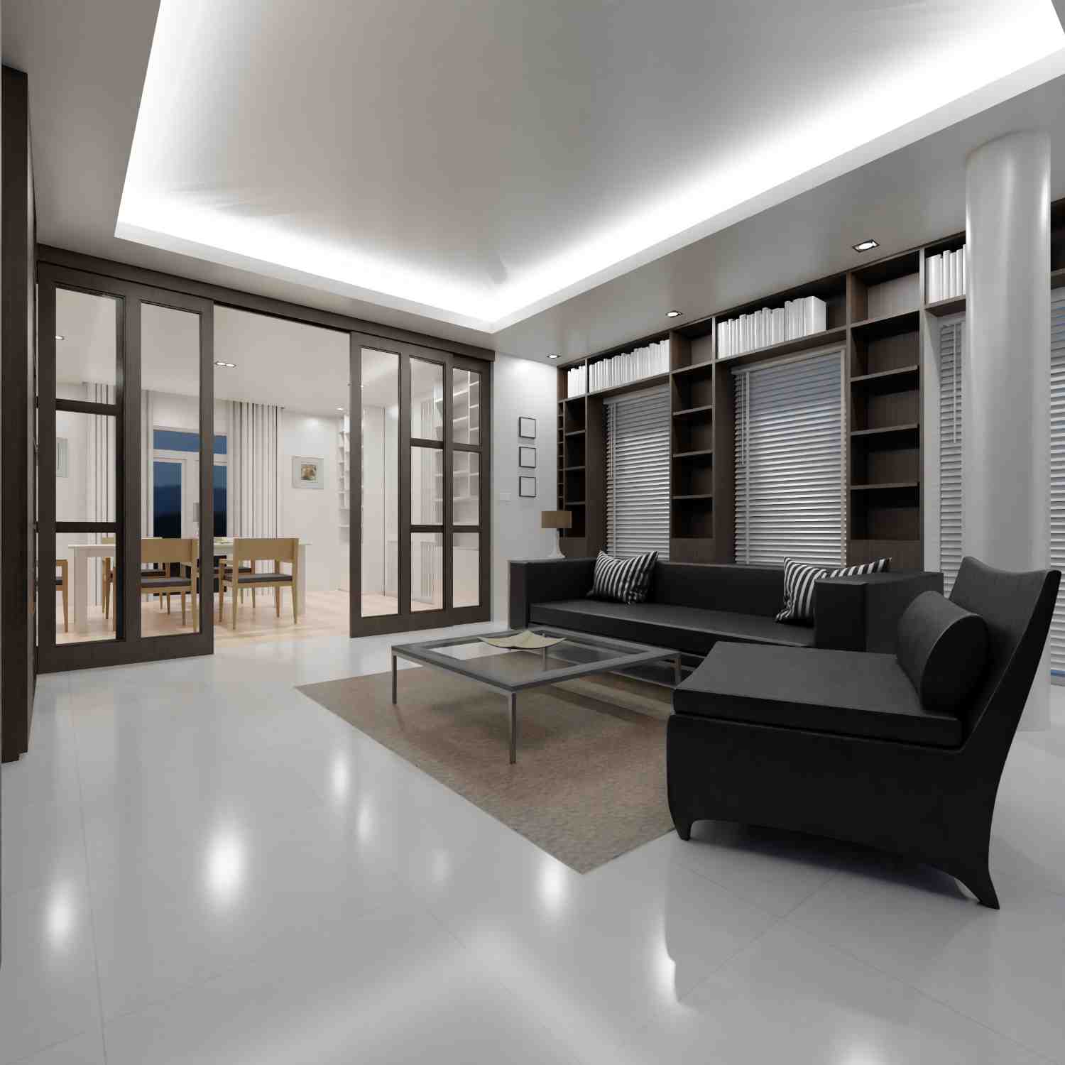 Modern living room render with dark sofas, a glass coffee table, built-in shelving and glossy tile floor