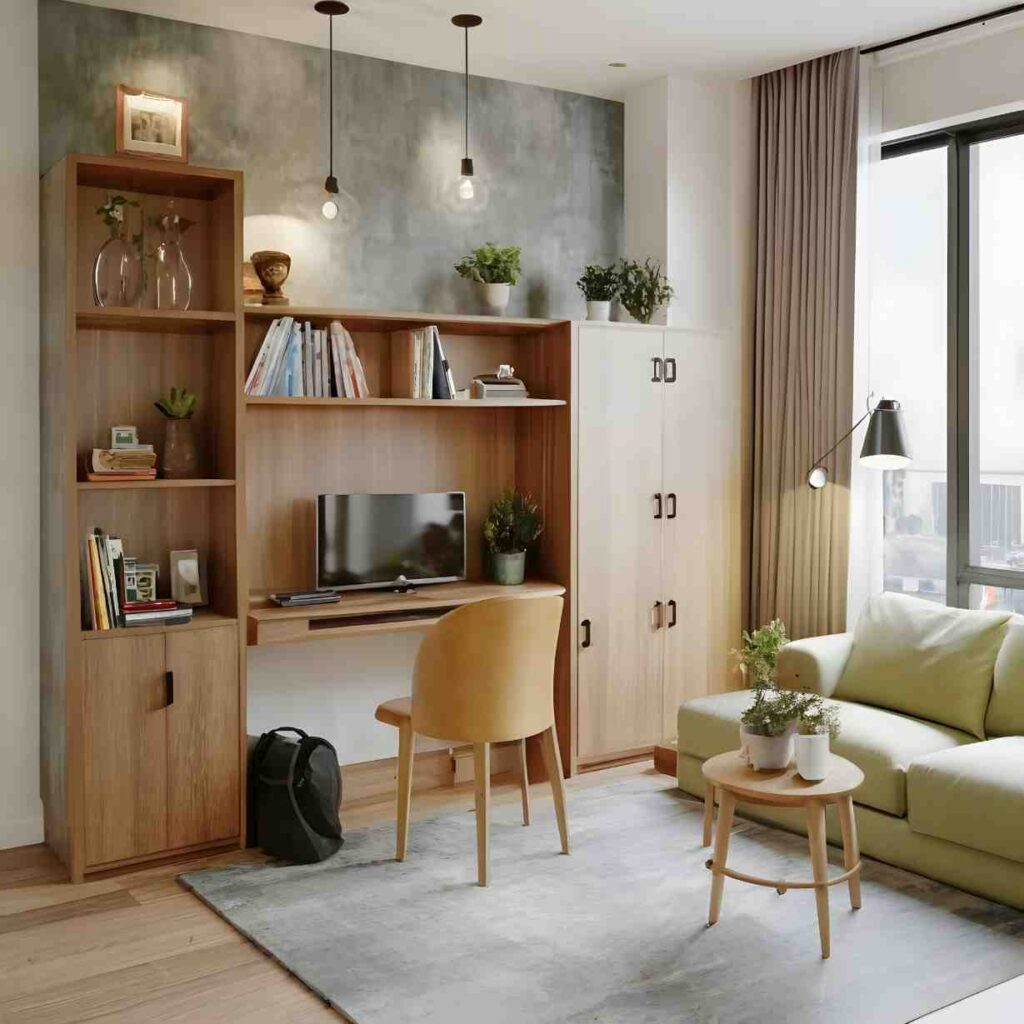 Compact living room with built-in wood shelving and desk, a light green sofa, round coffee table and gray rug