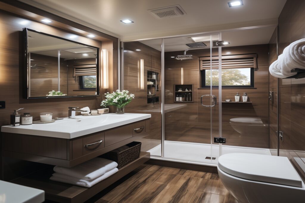 Bathroom clad in wood-look tile with a floating vanity, trough sink and glass-enclosed rainfall shower