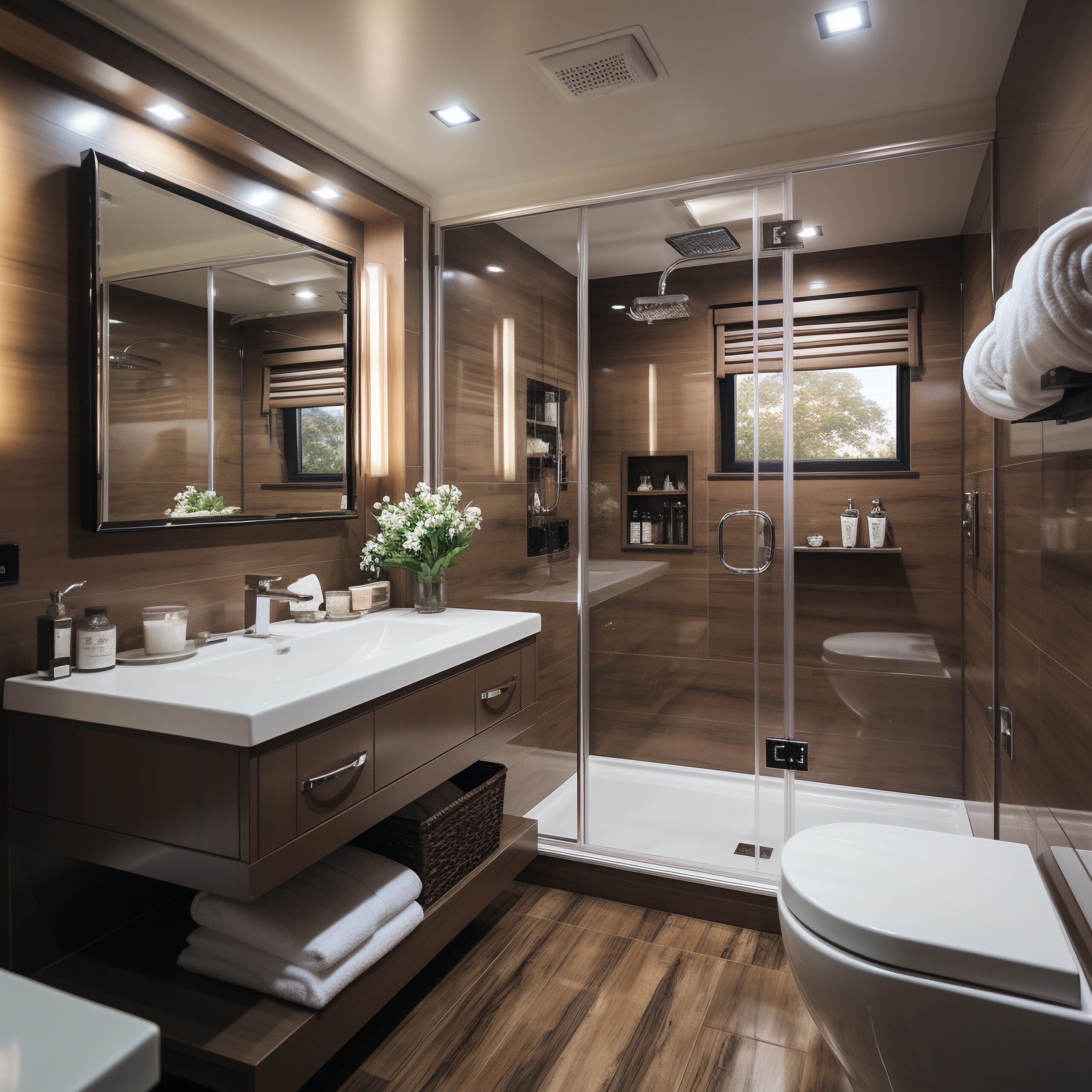 Wood-tiled bathroom with floating vanity, wide white sink, glass shower and wall-hung toilet
