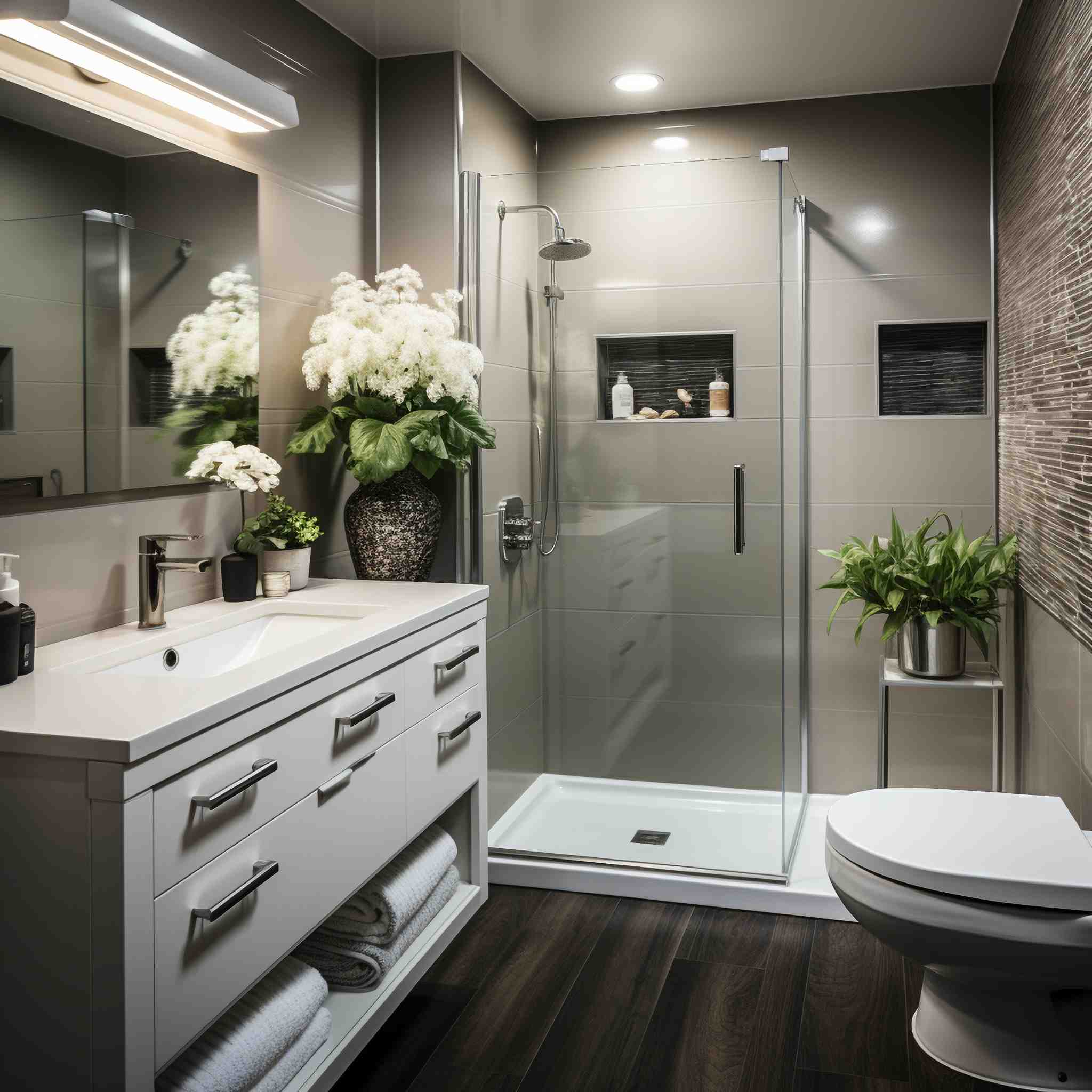 Contemporary bathroom with a white vanity, glass shower with tiled niche and dark wood-look flooring