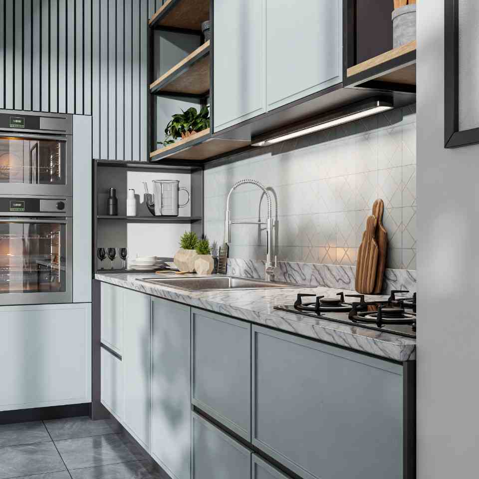 Pale blue shaker kitchen cabinets with marble counters, a gas cooktop, tile backsplash and double wall ovens