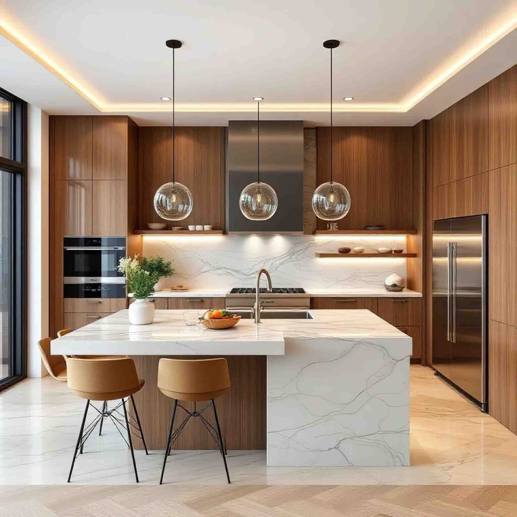Walnut kitchen with a white marble waterfall island, glass globe pendants and tan bar stools