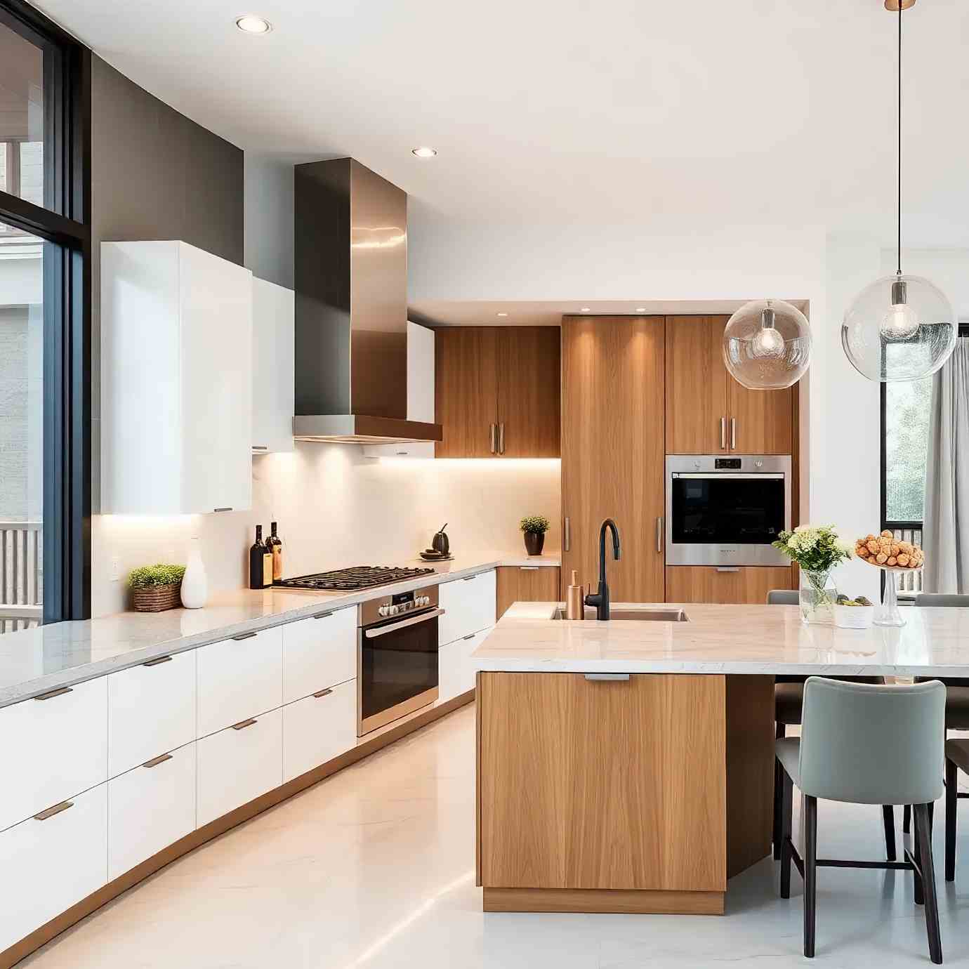 Modern kitchen with white and oak cabinets, a marble island, and glass globe pendant lights