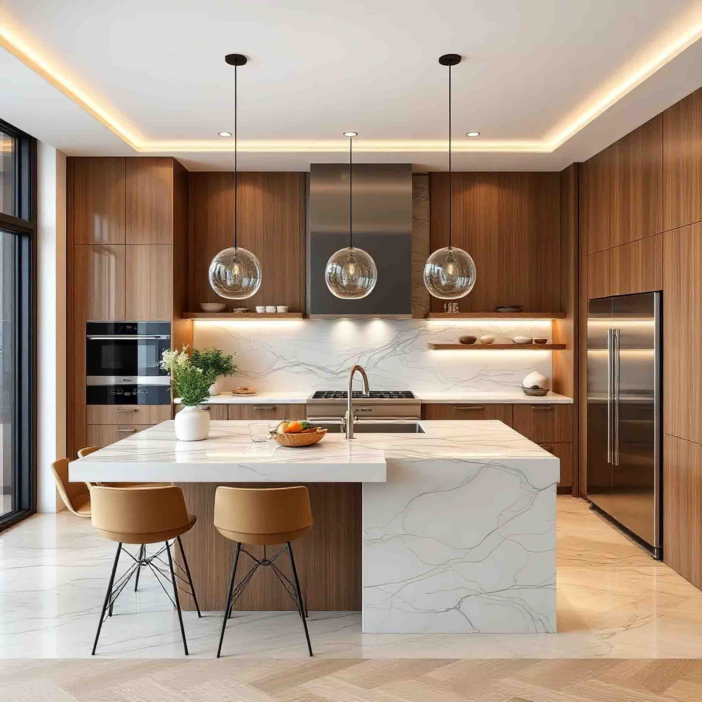 Walnut kitchen with a white marble waterfall island, glass globe pendants and tan bar stools