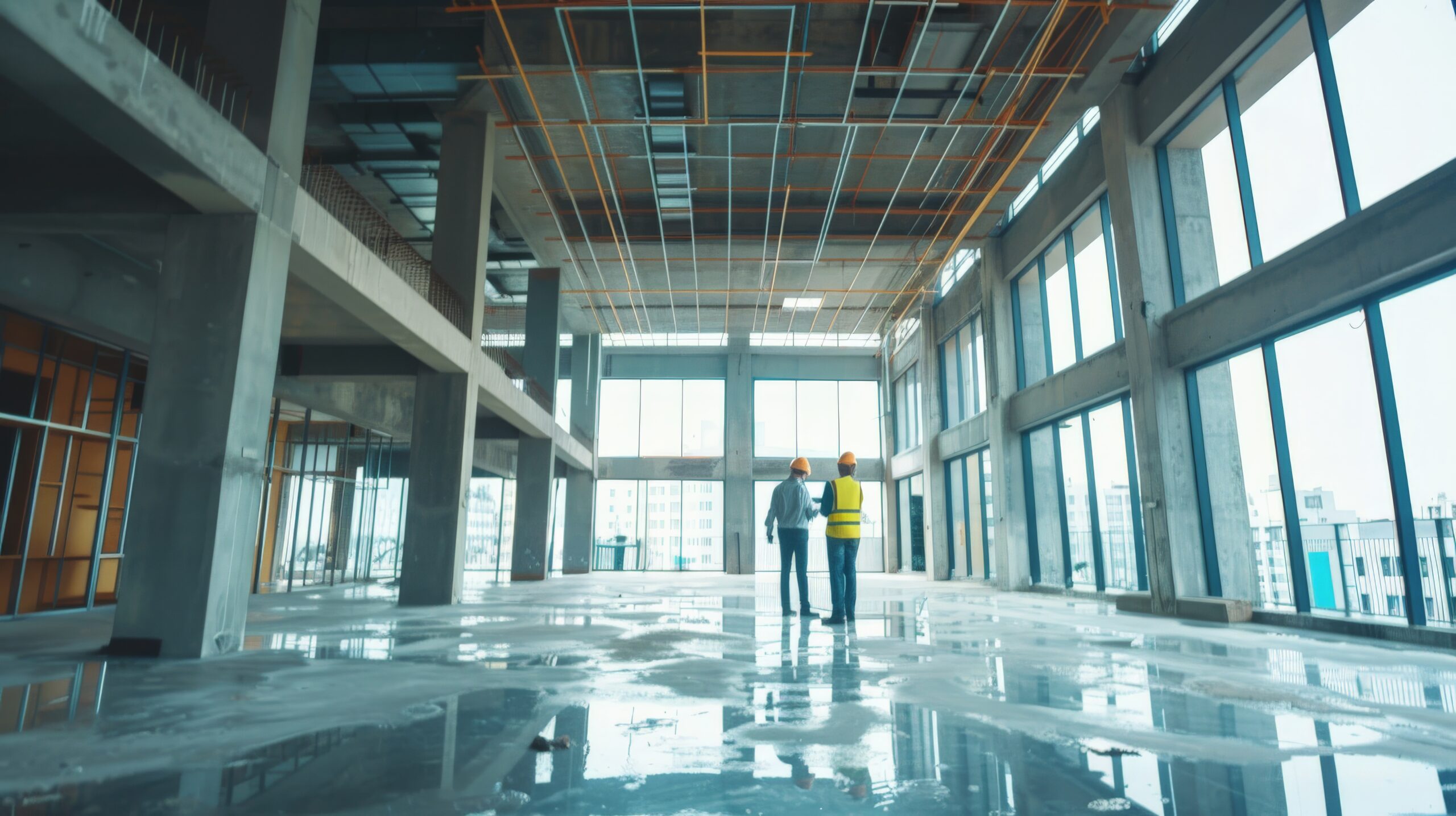 Two workers in hard hats standing in an unfinished concrete building with exposed ceiling conduit